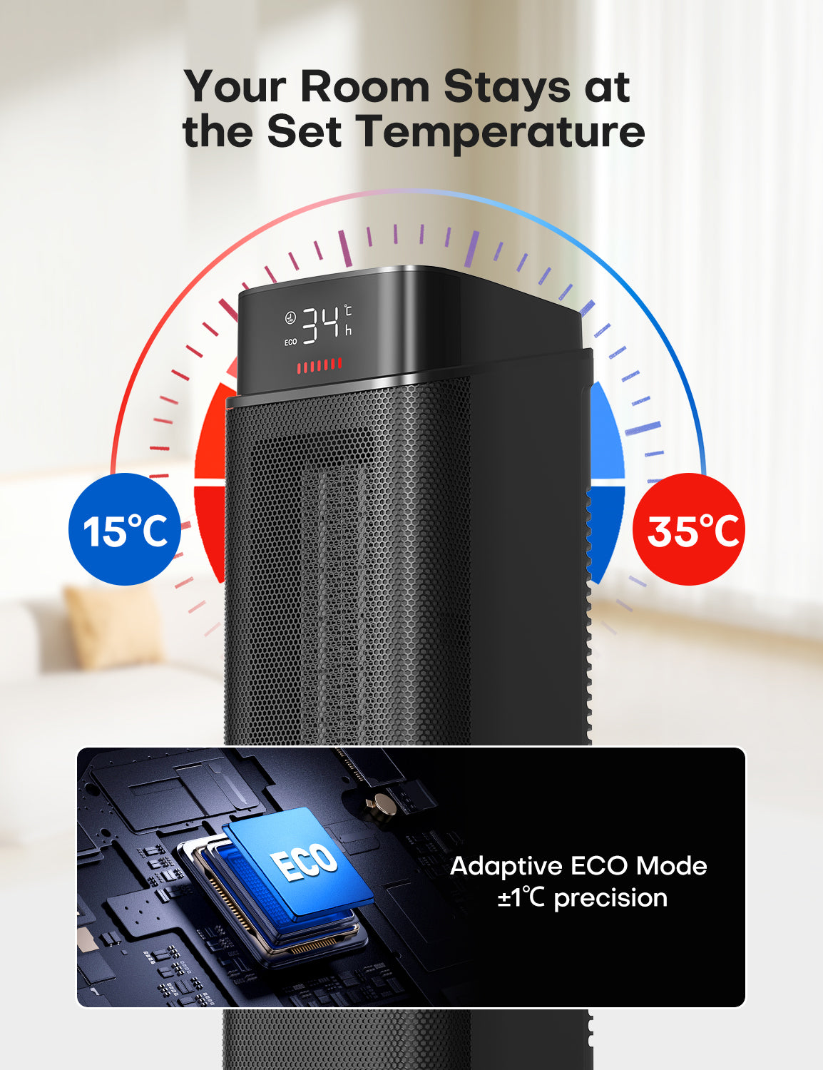 QEXREED Fan Heater, 2000 W PTC Fan Heater, Energy Saving with 4 Modes, Eco Energy Saving Mode, 90° Oscillation, 24H Timer, Remote Control, Quiet and Powerful, Overheating & Tilt Protection for Home