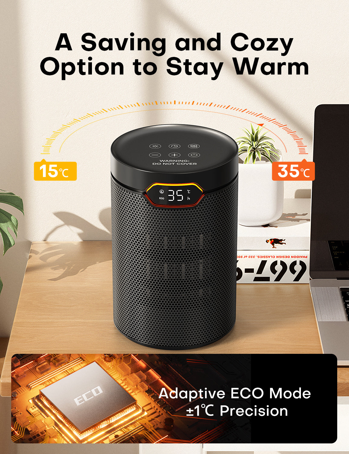QEXREED Heater, 1500W PTC Electric with ECO Mode, 4 Heat Settings, Breeze Mode, Thermostat, 24H Timer, Remote Control, Overheat & Tip Over Protection, Portable & Quiet for Home, Office