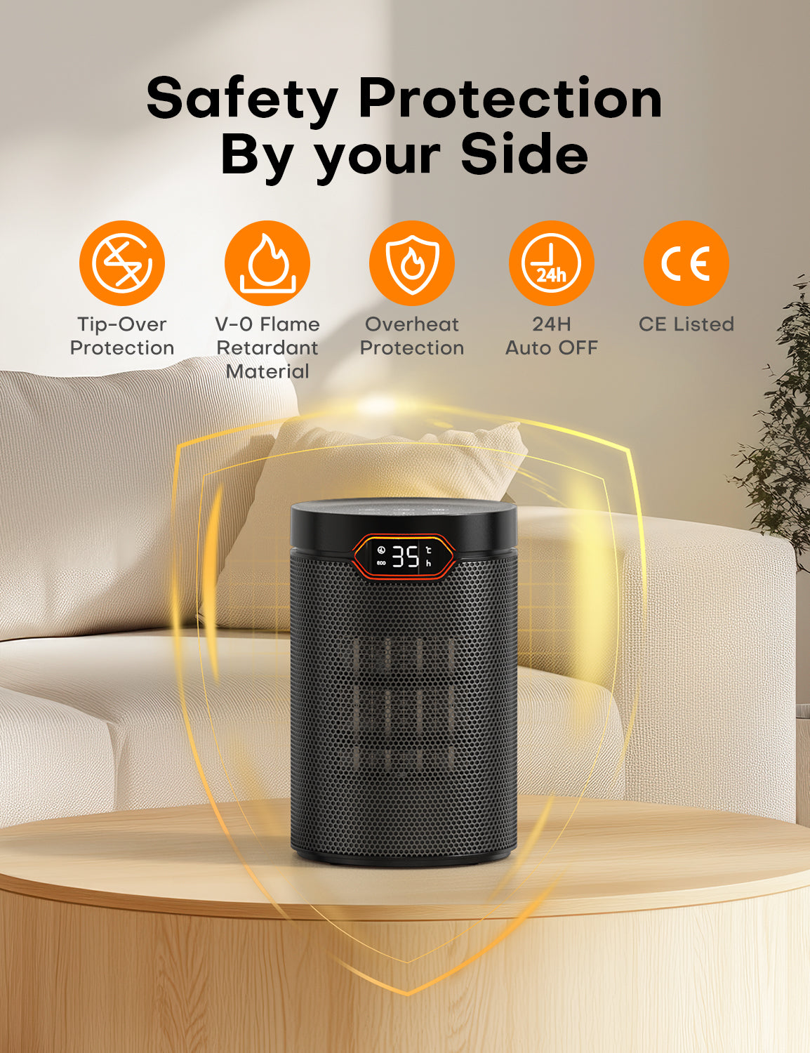 QEXREED Heater, 1500W PTC Electric with ECO Mode, 4 Heat Settings, Breeze Mode, Thermostat, 24H Timer, Remote Control, Overheat & Tip Over Protection, Portable & Quiet for Home, Office