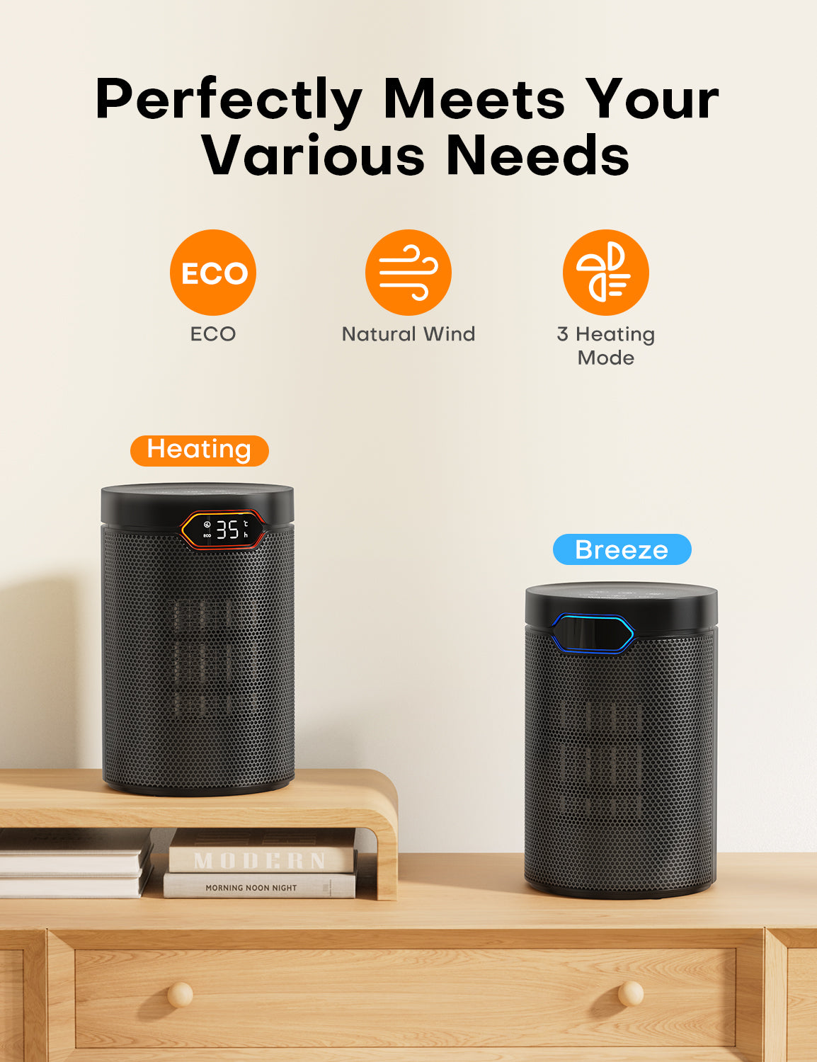 QEXREED Heater, 1500W PTC Electric with ECO Mode, 4 Heat Settings, Breeze Mode, Thermostat, 24H Timer, Remote Control, Overheat & Tip Over Protection, Portable & Quiet for Home, Office