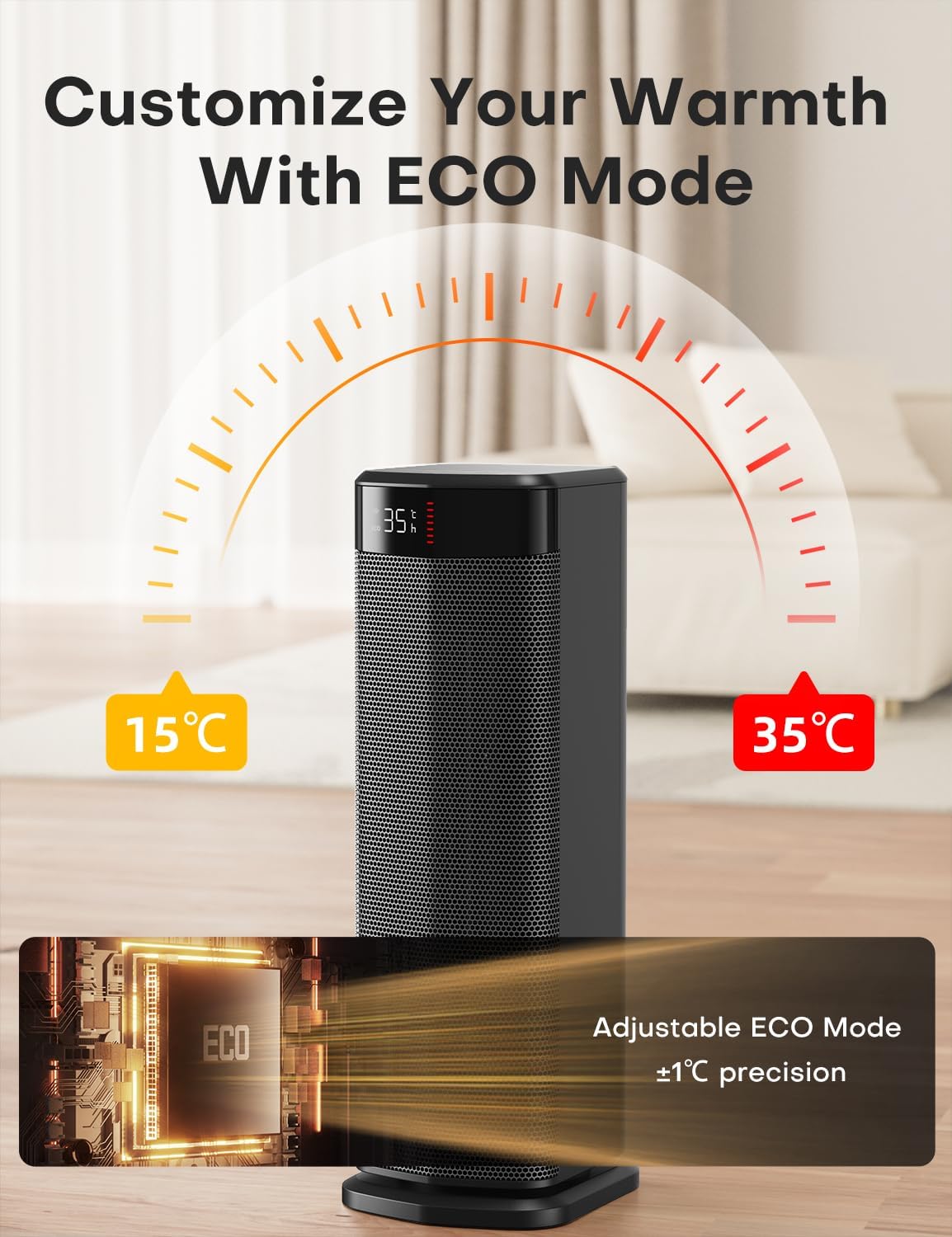 QEXREED Fan Heater, 2000 W PTC Fan Heater, Energy Saving, 4 Modes, Eco Module, Thermostat, 90° Oscillation, 24H Timer, Remote Control, Tilt and Overheating Protection for Indoor Use