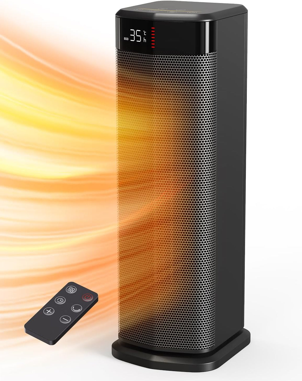 QEXREED Fan Heater, 2000 W PTC Fan Heater, Energy Saving, 4 Modes, Eco Module, Thermostat, 90° Oscillation, 24H Timer, Remote Control, Tilt and Overheating Protection for Indoor Use