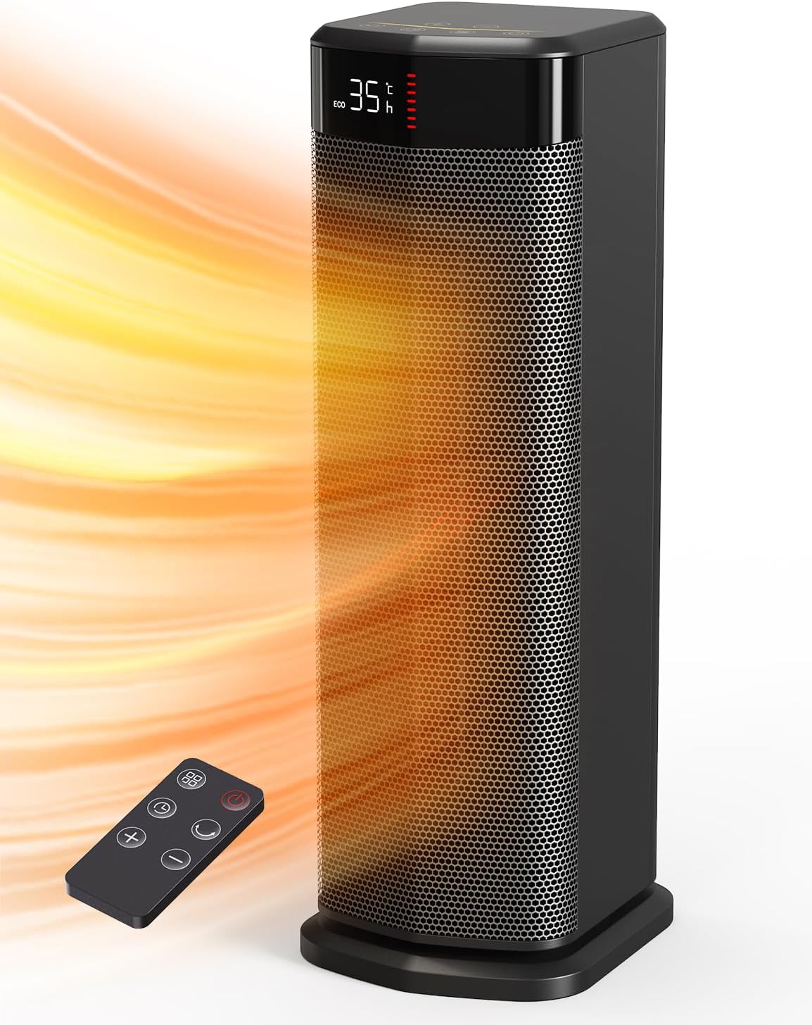 QEXREED Fan Heater, 2000 W PTC Fan Heater, Energy Saving, 4 Modes, Eco Module, Thermostat, 90° Oscillation, 24H Timer, Remote Control, Tilt and Overheating Protection for Indoor Use