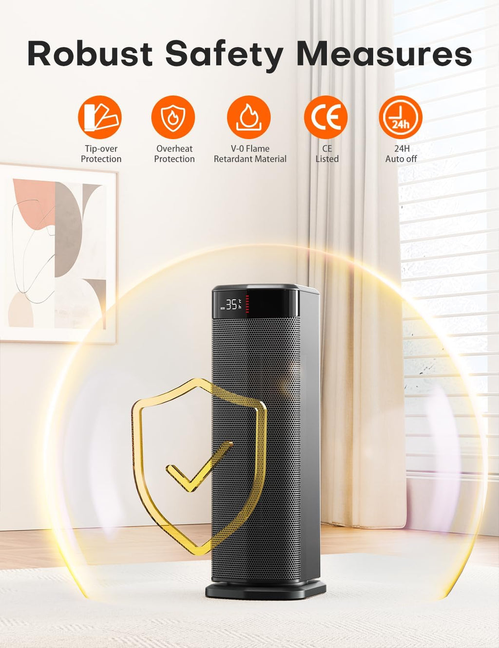 QEXREED Fan Heater, 2000 W PTC Fan Heater, Energy Saving, 4 Modes, Eco Module, Thermostat, 90° Oscillation, 24H Timer, Remote Control, Tilt and Overheating Protection for Indoor Use